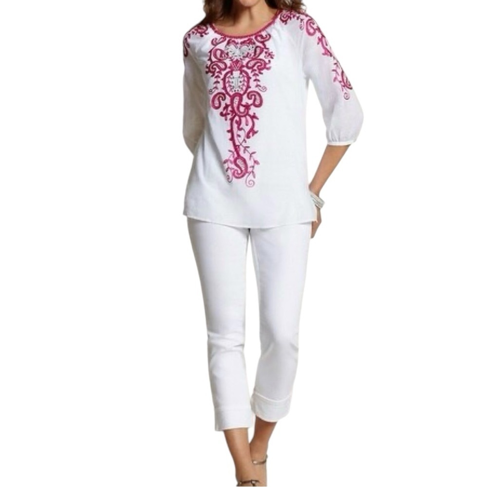 CHICO'S Anelle Blouse 3/4 sleeves Embroidered Embellished White Fuchsia Like new - Picture 3 of 16